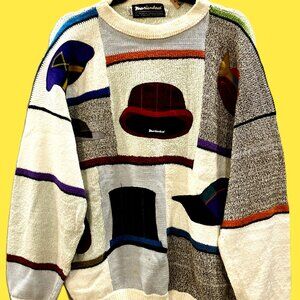 Rare Vintage 90s Marienbad Graphic Knit Sweater – Funky Hat Motif